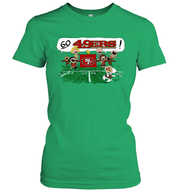 The Peanuts Cheering Go Snoopy San Francisco 49ers Women's T-Shirt - KnowlegdeTee The Peanuts Cheering Go Snoopy San Francisco 49ers Women's T-Shirt - KnowlegdeTee