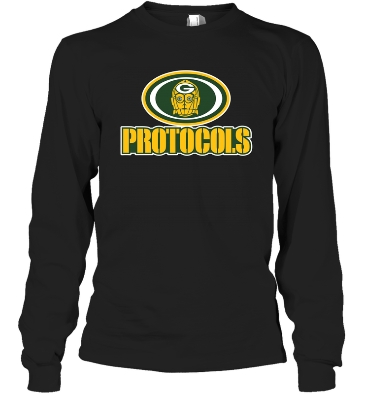 GREEN BAY Packers PROTOCOLS Star Wars Battle Mashup Logo Long Sleeve T-Shirt - KnowlegdeTee GREEN BAY Packers PROTOCOLS Star Wars Battle Mashup Logo Long Sleeve T-Shirt - KnowlegdeTee