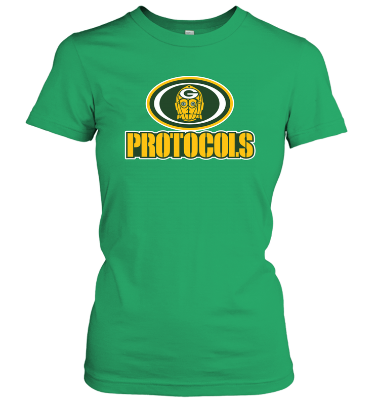 GREEN BAY Packers PROTOCOLS Star Wars Battle Mashup Logo Women's T-Shirt - KnowlegdeTee GREEN BAY Packers PROTOCOLS Star Wars Battle Mashup Logo Women's T-Shirt - KnowlegdeTee