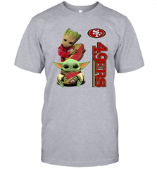 Baby Yoda And Groot Hug San Francisco 49ers NFL Shirts T-Shirt - KnowlegdeTee